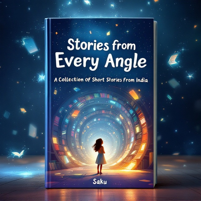 The cover features a whimsical illustration of a cute young girl standing at the entrance of an enormous, fantastical library. The library shelves curve and wind into the distance, filled with colorful, glowing books that radiate a magical aura. Ethereal wisps of light float around, creating a sense of enchantment. The background is a gradient of rich blues, from a deep indigo at the bottom to a lighter azure at the top, enhancing the mystical atmosphere.