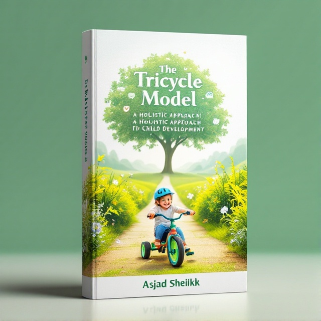 A serene scene with a child joyfully riding a tricycle amidst a lush green pathway. On one side, a gentle teacher with an open book, and on the other, a nurturing parent guiding the journey. Above float subtle icons a heart, brain, and hands. A tree stands as a background silhouette, symbolizing growth.
