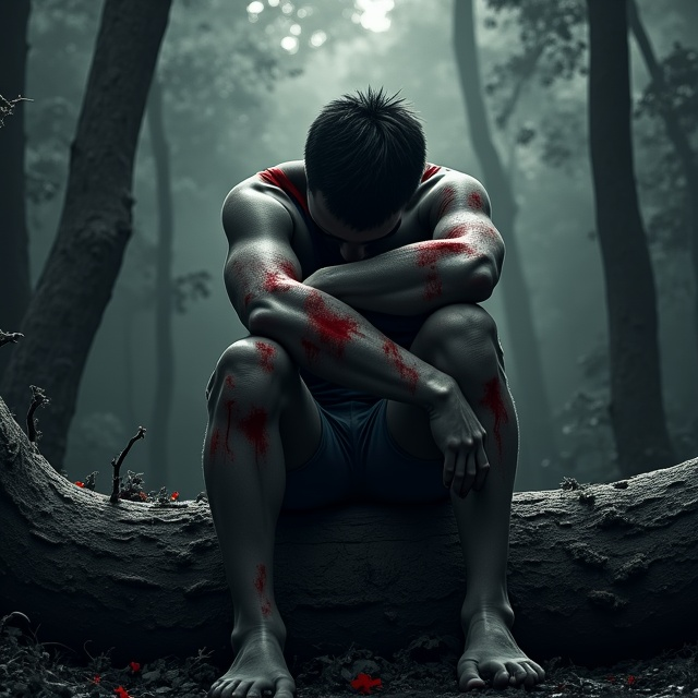 The cover features a solitary man sitting on a fallen log in a dense, shadowy wilderness. His head is bent down, obscured by his arms, which show visible bruises and are partially wrapped in tattered bandages. There is an ethereal quality to the scene with a glimmer of soft light filtering through the trees, hinting at hope amidst despair. The colors predominantly involve dark tones, primarily black, with strategic splashes of red to highlight the bruises and bandages, contrasting against the subtle backdrop.
