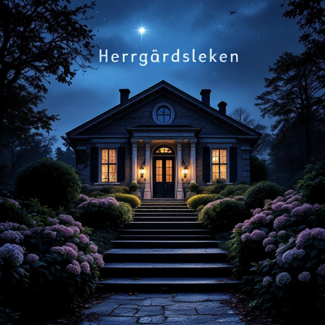 A dimly lit scene showcasing a single-story manor, with granite stairs leading up to its entrance. The manor is flanked by lush rhododendrons, their dark leaves contrasting subtly against the lighter stone of the building. The sky is a deep, mysterious blue, hinting at twilight, with shadows playing upon the facade of the manor. Silhouettes of distant trees and a few scattered stars provide a touch of intrigue and suspense.