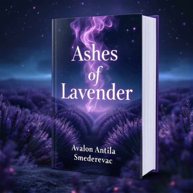 A central image of a lavender field with tendrils of smoke rising, transitioning into ashes at the top. The background is a dark, starry night sky with subtle hints of purple glimmers, creating a mystical and fantastical aura.