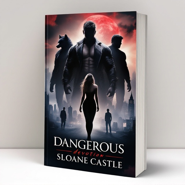 The cover features a dark, foggy city skyline in the background, enveloped in shadows and mist. In the foreground, four male silhouettes with wolf shadows, each exuding a sense of mystery and danger. One silhouette stands out as much taller and more muscled. In front, a small, voluptuous woman silhouette stands confidently, contrasting against the men's figures. The color palette is dominated by deep reds and blacks, creating a dramatic and intense atmosphere.