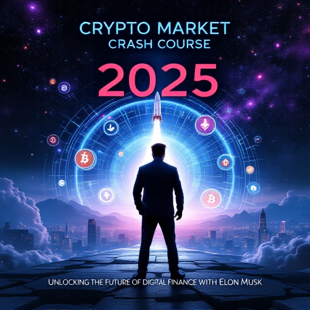 Elon Musk stands confidently at the center, his figure silhouetted against a digital horizon. Surrounding him are glowing cryptocurrency logos like Bitcoin, Ethereum, and Dogecoin, orbiting around him like celestial bodies. A futuristic cityscape merges into a cosmic space backdrop. A SpaceX rocket ascends in the distance, linking space exploration with digital finance, all rendered in neon blues, electric purples, cosmic blacks, and metallic accents.