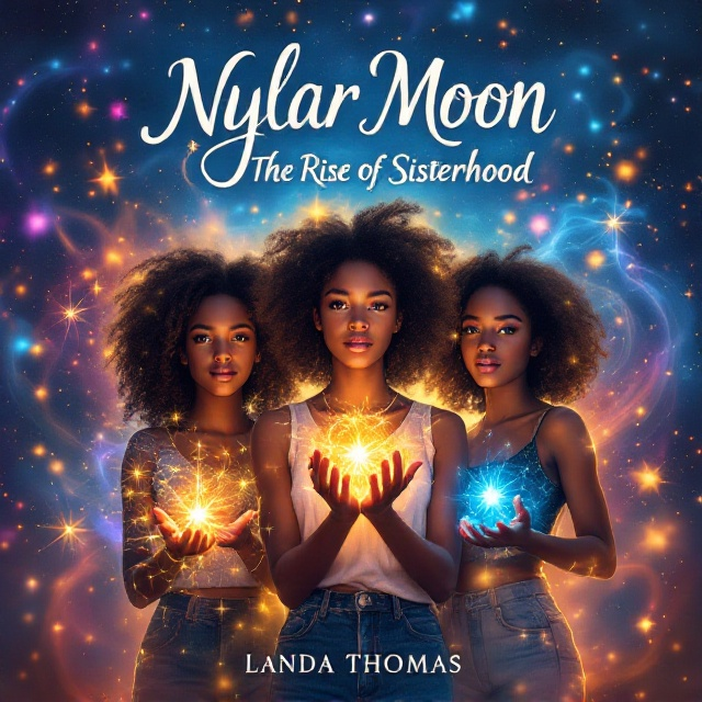 Young light-skinned Black teen girls with curly hair stand confidently together, each surrounded by a unique aura—one with glowing hands, another with sparkling energy fields, and a third with light trails. This group is encased in a vibrant, mystical background filled with swirling lights and colorful stars, creating the feeling of a boundless magical universe.