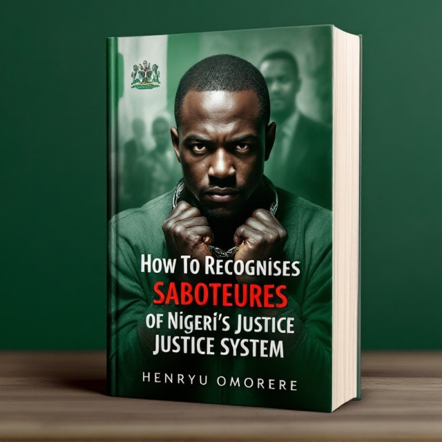 The cover features a striking foreground image of Dele Farotimi in handcuffs, positioned centrally to convey a powerful sense of accountability. In the background, a subtle, slightly desaturated image of AFE Babalola provides context and depth without dominating the cover. The Nigerian coat of arms is subtly integrated into the upper left corner, blending into the green color theme, which is the primary color of the cover, providing a sense of patriotism and relevance to the book's subject matter.