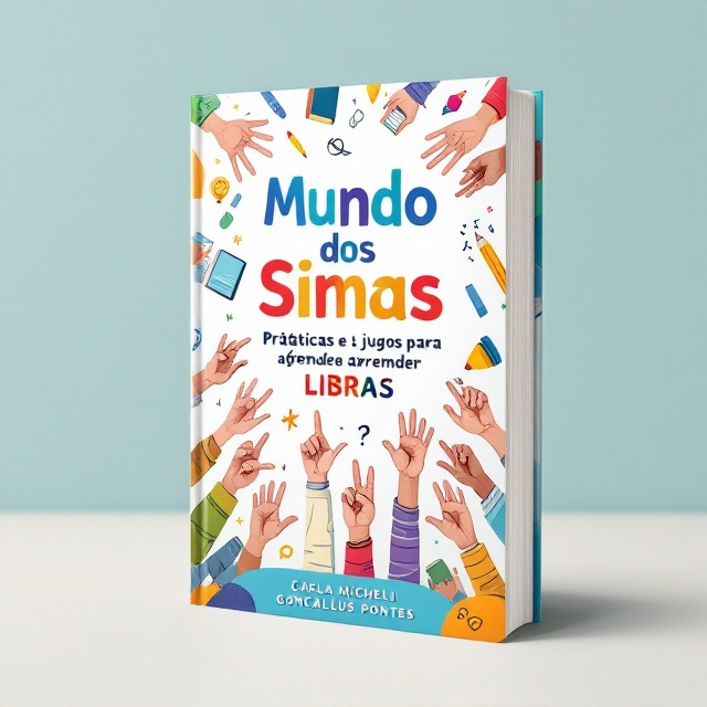 A bright and colorful cover featuring illustrations of hands making different sign language gestures in LIBRAS, surrounded by playful educational icons like books, pencils, and light bulbs. The top half of the cover displays a rainbow gradient background, symbolizing diversity and inclusion.