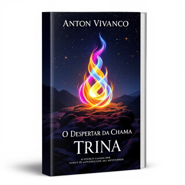 On the cover, a striking night scene showcases a plateau on the edge of a peak set against a dark, deep navy sky lit with twinkling starlets. In the center, a mystical fire composed of three intertwined flames—vivid pink, shimmering gold, and a cool blue—captivates the viewer’s attention. The flames give off a soft glow that subtly illuminates the surrounding rocks of the plateau, adding layers of mysticism and adventure.