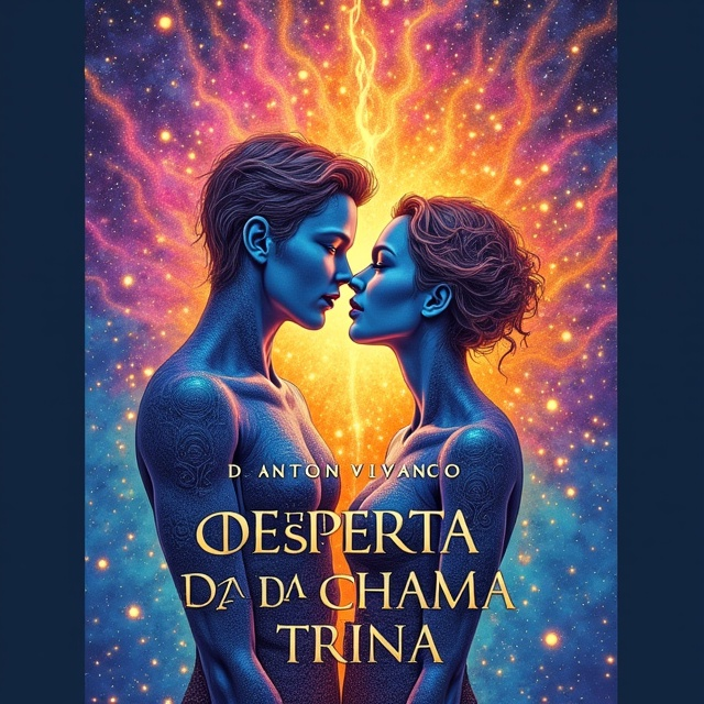 A highly detailed colored pencil drawing of two faceless human souls, beautifully entwined within a symbiotic web of shimmering light. Their forms are nestled within vibrant pink, blue, and gold flames that dance gracefully. The background is an expansive, awe-inspiring night sky dotted with cosmic elements and a deep galactic ambiance. The man and woman are subtly outlined within the flames, their embrace suggesting an eternal bond filled with love and divinity.