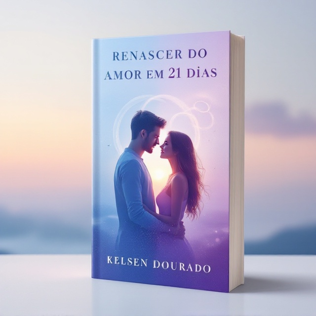 A vertically split cover with the left side bathed in a calming blue hue to represent the male character. The right side in gentle lilac illustrates the female character. A couple stands in the foreground, gazing into each other's eyes, exuding love and connection. Behind them, two intertwined rings hover subtly in the background, symbolizing commitment. The horizon blends into a tranquil landscape that breathes serenity and eternal life, adding depth and emotion.