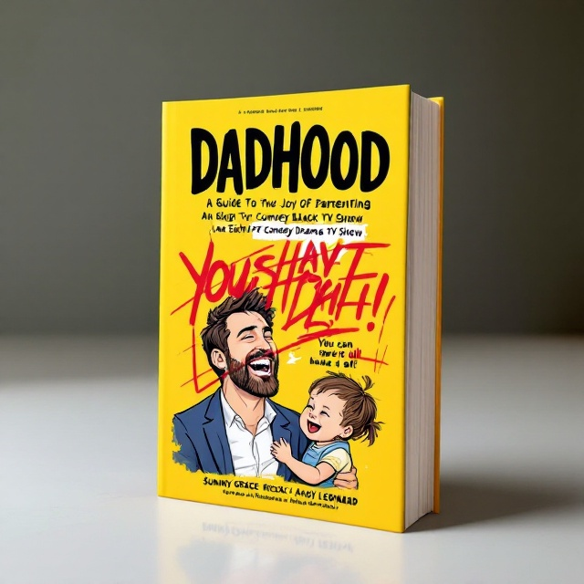 A bright, cheerful yellow background sets the tone, with a playful illustration of a father joyfully interacting with his toddler. The father's laughter and the child's glee are captured in a cartoonish style, conveying the excitement and unpredictability of parenthood. Above them, in neat, formal lettering, "DADHOOD" stands prominent. Underneath, the formal subtitle "A Guide To The Joy Of Parenting" is visibly crossed out. Over this, in bold, playful red graffiti ("An Eight-Part Comedy Drama TV Show") contrasts sharply. At the bottom, the same crossed-out effect applies to "You can have it all!" with graffiti replacing it with "Be careful what you wish for!".