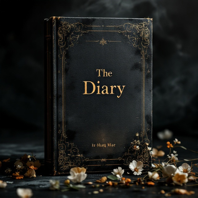 The cover features a slightly off-center, elegantly aged diary angled as if being opened. Faint handwriting and ghostly ink smudges swirl around the edges, adding a hint of mystery. A single flickering candle hovers above the diary, casting haunting shadows. Subtle imagery of a shadowy handprint partially veiled by open pages and burnt edges heightens intrigue. Vintage fountain pen and pressed flowers are delicately scattered to form a partial frame.