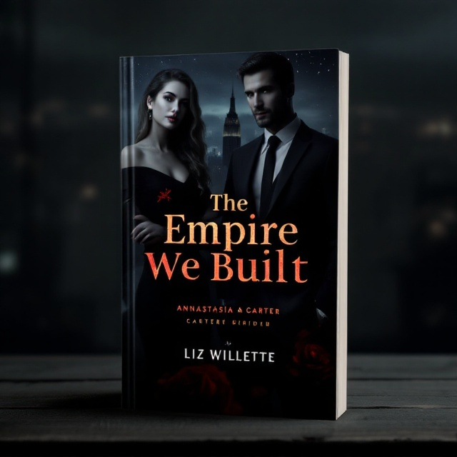 The cover features a moody and dark New York City skyline at night, with the Empire State Building faintly silhouetted against the dim cityscape. The foreground presents a dramatic close-up of Annastasia and Carter, with Annastasia on the left, arms crossed in a black dress, and Carter on the right in a tailored suit with his hands in his pockets. A soft red-orange glow illuminates them, casting subtle shadows on their faces, suggesting a story of tension. A faint wedding ring on Annastasia’s hand, along with a nearly hidden dark red rose in the background, adds elements of their life together.