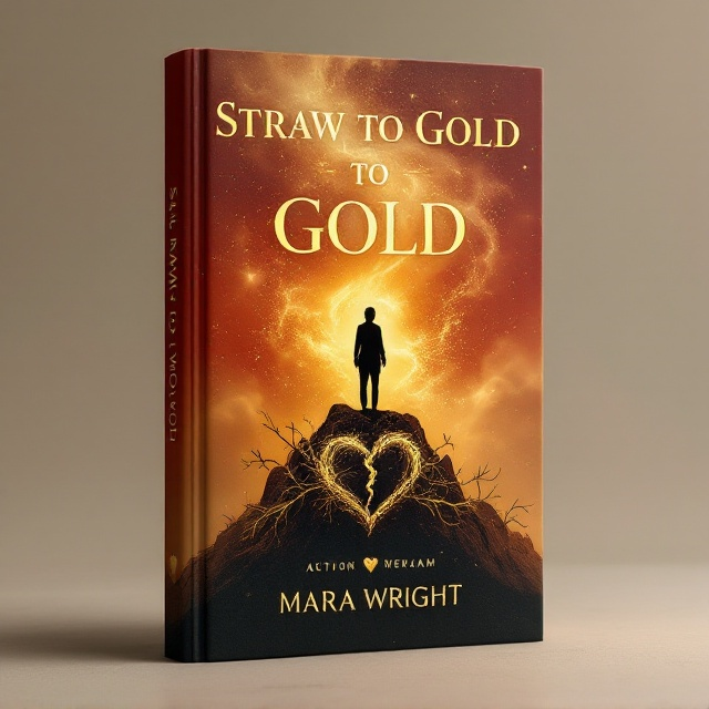 A mystical scene depicting a lone figure standing on a mountain peak, surrounded by swirling clouds of gold dust that reflect the light like liquid gold. The figure's silhouette exudes both strength and vulnerability, capturing the themes of sacrifice and empowerment. At the bottom, delicate vines of gold wrap around a broken heart symbol, signifying heartbreak and triumph. The background colors transition harmoniously from deep red at the top to a soft peach at the bottom, creating a gradient that symbolizes the journey and transformation.