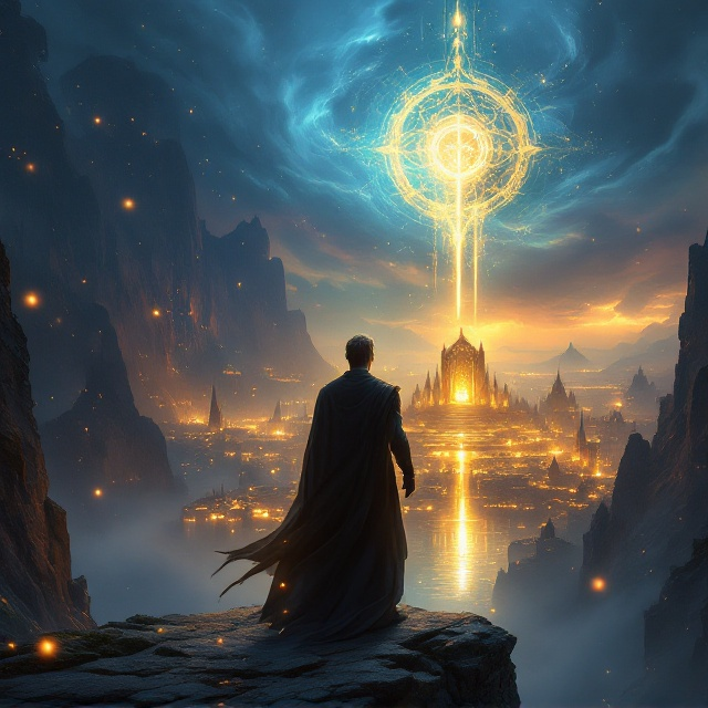 Leon stands dramatically at the cliff's edge, with his back to the viewer, gazing out over Avalon. The city gleams with a golden and ethereal glow, contrasting against a sky of swirling deep blues and purples. Floating mana particles create an aura around him. His battle-worn cloak flaps in the breeze, and his hand rests on a sword hilt diagonally across his back. A faintly glowing pendant interacts with an ancient, translucent interface. The distant silhouette of a golden throne subtly captures the eye against Avalon’s horizon.