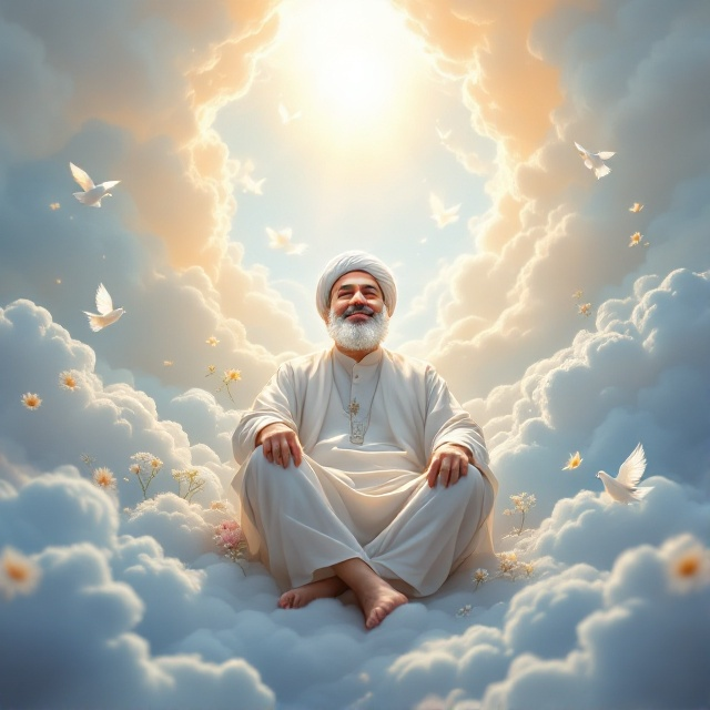 Hassan Nasrallah is depicted sitting peacefully amidst a dreamy, heavenly setting with soft, billowy clouds surrounding him. The radiant light illuminates the scene, casting a gentle glow over the environment. Nasrallah, in traditional attire, exudes a blissful contentment, with doves soaring above and delicate flowers blooming around him, symbolizing peace.