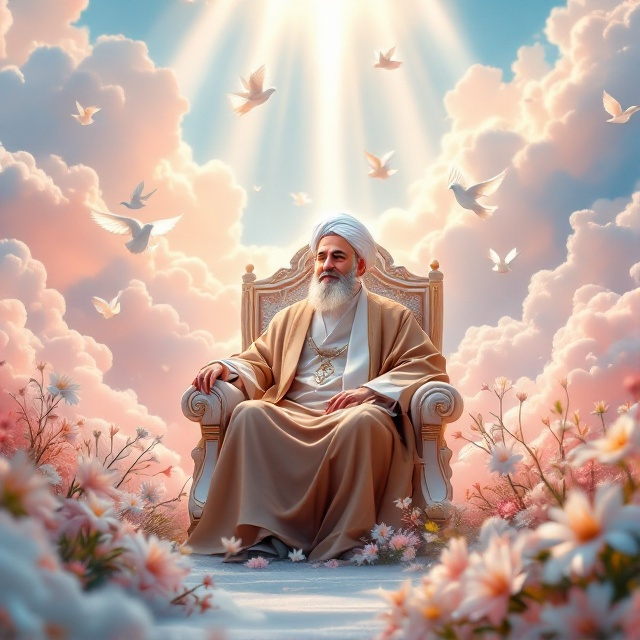 Ayatollah Khamenei is situated peacefully at the center of the cover. He is seated on an ornate throne stylized to blend with the ethereal, heavenly ambiance. Surrounding him are dreamy clouds, rendered in soft pastels of pink and blue. These clouds are interspersed with a gentle cascade of doves, their delicate wings fanned open, providing movement and harmony. In the foreground, delicate flowers such as lilies and daisies are illustrated with meticulous detail, suggesting peace and tranquility. Radiant light beams gently fall across the scene, enhancing the blissful atmosphere.