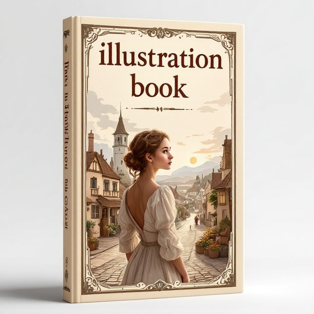 An ornate historical village with cobblestone streets and rustic buildings is depicted in a detailed illustration style. The foreground features a young woman in period clothing, looking thoughtfully towards the horizon. Soft, muted tones like sepia and faded blue add a nostalgic touch, evoking an era gone by. Wispy clouds and a setting sun in the background enhance the historical feel.