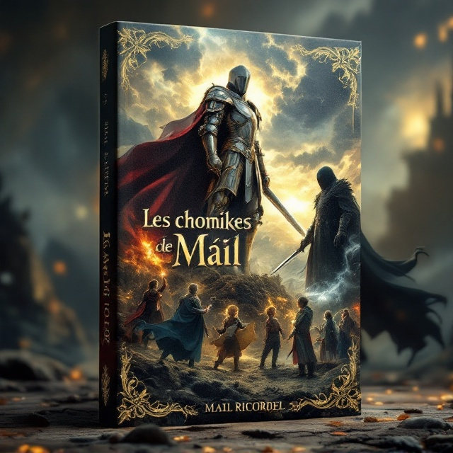 The cover features a dynamic scene with a majestic knight standing tall at the top center, wearing shining armor and brandishing a sword. On the right side of the cover, a dark, ominous figure represents the villain, cloaked in shadowy robes. Below, a group of characters including a skilled swordsman, a clever engineer equipped with gears and tools, a mystical mage casting a spell, and a brave young boy holding a map, are poised as if ready for an epic adventure. The background is a fantasy landscape that fades into a dramatic sky, with hints of magic swirling around.