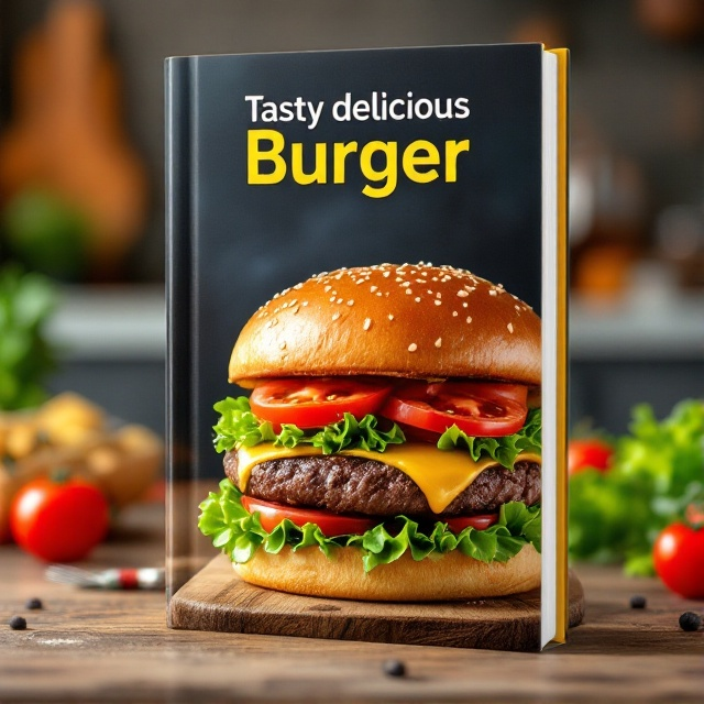 A mouthwatering, close-up image of a juicy burger with fresh lettuce, tomatoes, melted cheese, and a glossy bun. The background features a subtle, out-of-focus kitchen setting to evoke a warm and inviting atmosphere.