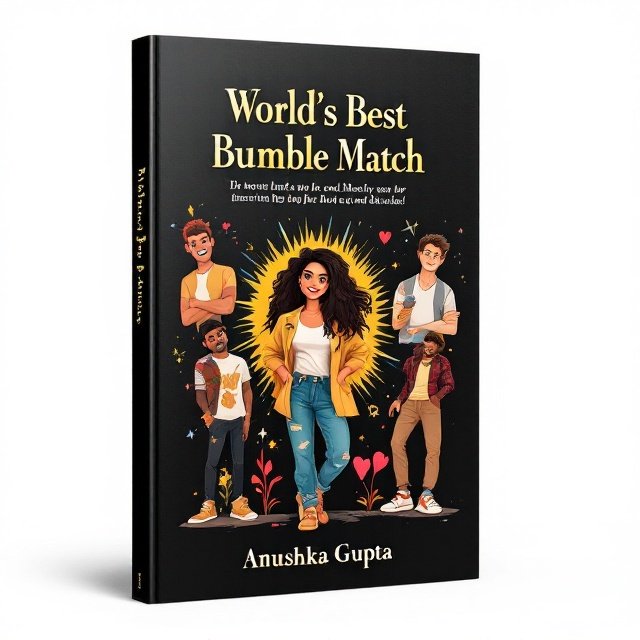 The cover features a vibrant and whimsical illustration. At the center, a playful, bold depiction of the Bumble logo acts as the backdrop. Leaning against this logo is an animated illustration of a fashion-forward girl with a casual yet confident stance. On either side of the central figure are varied illustrations of diverse male characters, humorously depicted, each showcasing a different personality. The background remains predominantly black, providing a striking contrast to the colorful illustrations.