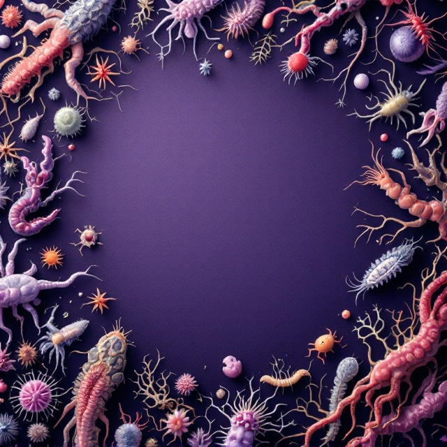 Intricate illustrations of parasitic organisms sprawled across a rich purple background, forming a natural border around an empty central space reserved for the title. The layout gives a scientific yet artistic representation of parasites, evoking curiosity and intrigue.