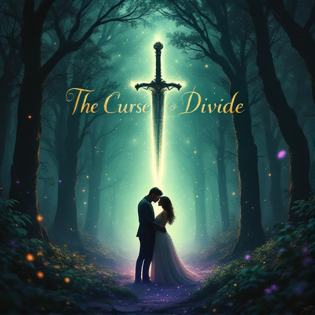 A mystical forest with a silhouette of two lovers embracing in the foreground. The background is adorned with ethereal, floating light particles, creating a magical atmosphere. A faint outline of a looming, ancient sword can be seen partially obscured by mist, symbolizing the curse. The color scheme is a blend of deep emerald greens and soft, romantic purples, which evokes enchantment and love.