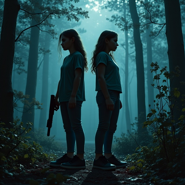 Two teenage girls stand back to back, each holding a gun, their expressions a mix of determination and fear. They are situated within a dense, shadowy forest that emphasizes the eerie atmosphere. In the background, two teenage boys gaze lovingly at the girls. On the opposite side, a bush looms with an ominous shadow, where a visible knife gleams with fresh crimson blood. The contrast between dramatic tones and dim-lit setting enhances the tension of horror and romance.