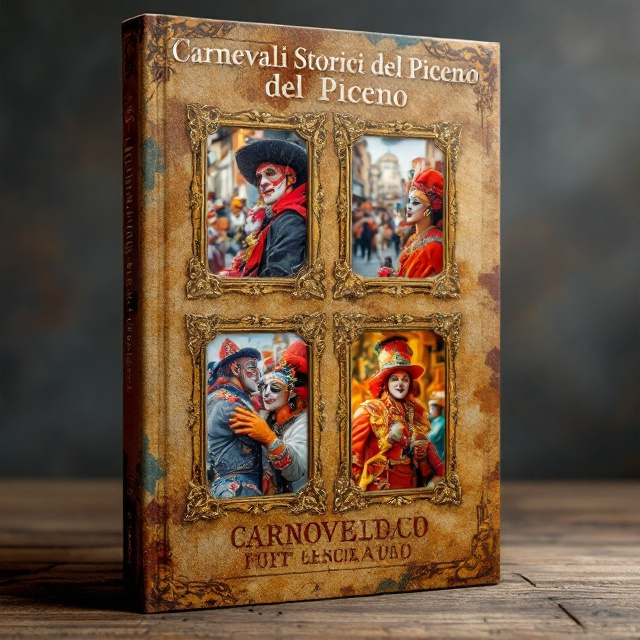 The cover features a rich, textured background resembling a vintage poster, which wraps around the entire cover, creating a sense of history and nostalgia. The four photographs are arranged in a grid format, each showcasing a significant aspect of the Piceno carnival, with vibrant colors highlighting the passion and energy of the event. The photographs are bordered with ornate, golden frames, emphasizing elegance and tradition. The title "Carnevali Storici del Piceno" is placed prominently above the images, with a larger and bolder presence that draws attention.