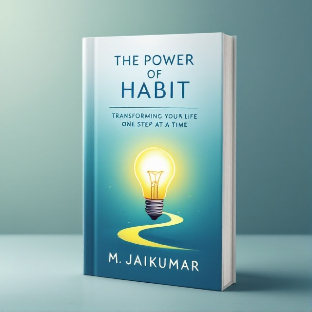 A lightbulb icon in the center symbolizes an "idea" or "habit transformation." A subtle, winding path begins inside the bulb and extends to the edges, depicting a journey. The background features calming shades of blue and green gradients, conveying tranquility and growth.