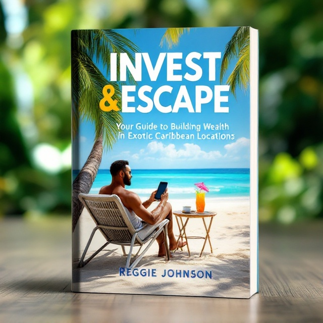 The cover features a joyful scene of a sandy Caribbean beach. A savvy investor, comfortably seated in a modern, low-slung beach chair, gazes contentedly at his smartphone. A vibrant tropical drink with a mini umbrella sits on a small bamboo table next to him. Majestic palm trees frame the edges of the cover, their fronds arching gracefully towards the azure sky. The waves gently lap the shore, creating a sense of tranquil escape. In the background, the expansive blue sky meets the crystal-clear horizon, symbolizing limitless opportunities and freedom.