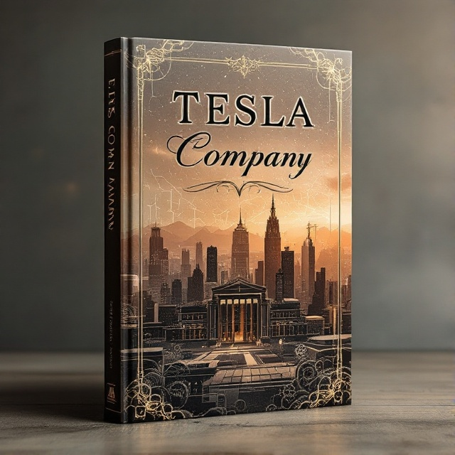 An illustration of the Tesla company headquarters from the early 1900s, bathed in a warm, nostalgic sepia tone. Electric currents subtly crackle in the background, depicting innovation. The skyline fades into an abstract pattern of cogs and gears, symbolizing the blend of history and technology.