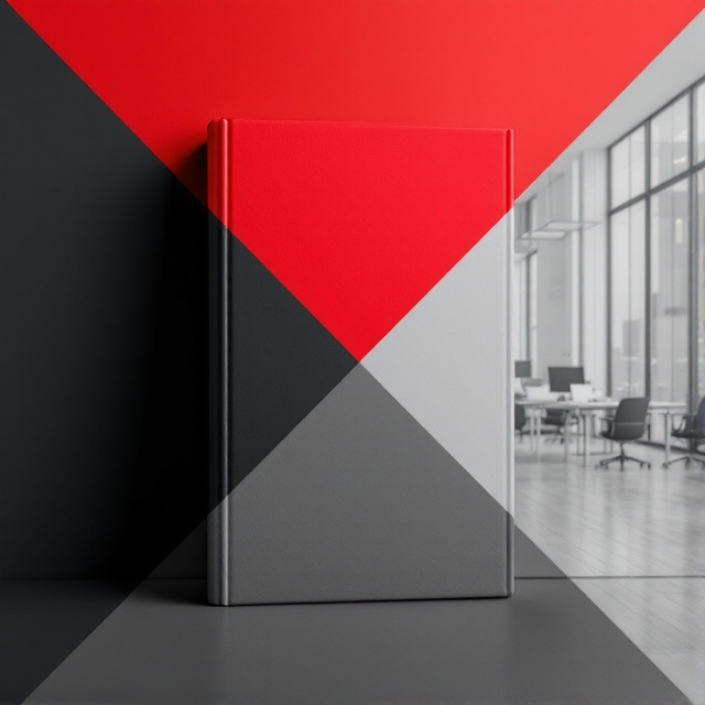 A split background with a striking diagonal division; the top-left in bold red and the bottom-right in a gradient mix of black and gray. The imagery includes a sleek, modern office with visible desks, computers, and chairs blending subtly into the gray section, creating a sense of depth and professional intrigue.