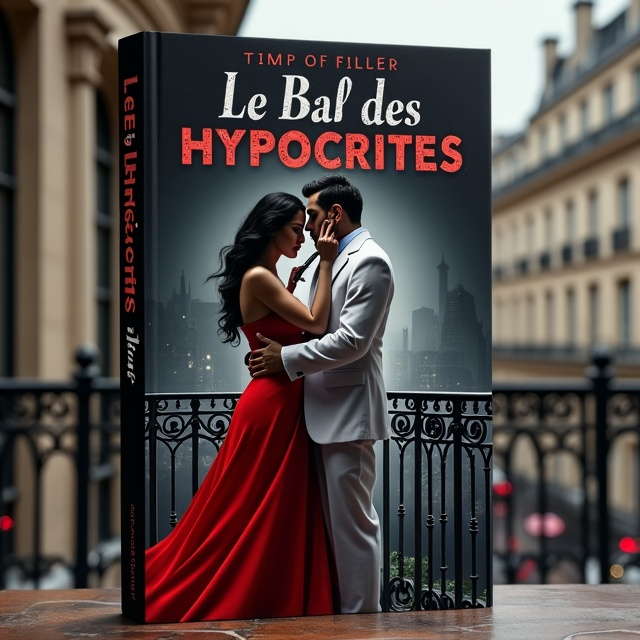 The cover features the haunting silhouettes of a woman in a red dress and a man in white clothes on an elegant Haussmann-style Parisian balcony. The woman is provocatively holding a knife under the man's chin, while using her other hand to pull him closer by his tie. In response, he points a gun at her forehead, yet his hand is possessively wrapped around her waist. The background subtly suggests the opulence of a Parisian night, with muted hues of gray and faint city lights that complement the primary colors. The red of the woman's dress contrasts sharply with the dark and mysterious ambiance, focusing attention on the tension and intimacy of the scene.