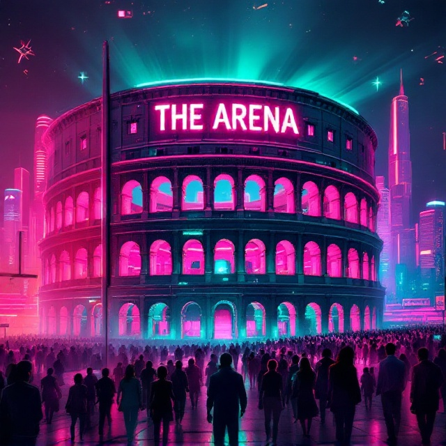 The cover features a vibrant and electrifying visualization of a colossal Colosseum in neon pink and lime green, with intricate futuristic detailing. The Colosseum is the main focal point, towering in the center, surrounded by an array of high-tech skyscrapers with brilliant, glowing accents. A bustling crowd of vividly outlined figures is seen lining up outside the arena, creating a sense of anticipation and movement in the scene. The title "THE ARENA" is prominently displayed at the top, seamlessly integrated into the Colosseum's design, with the colors reflecting the neon palette.