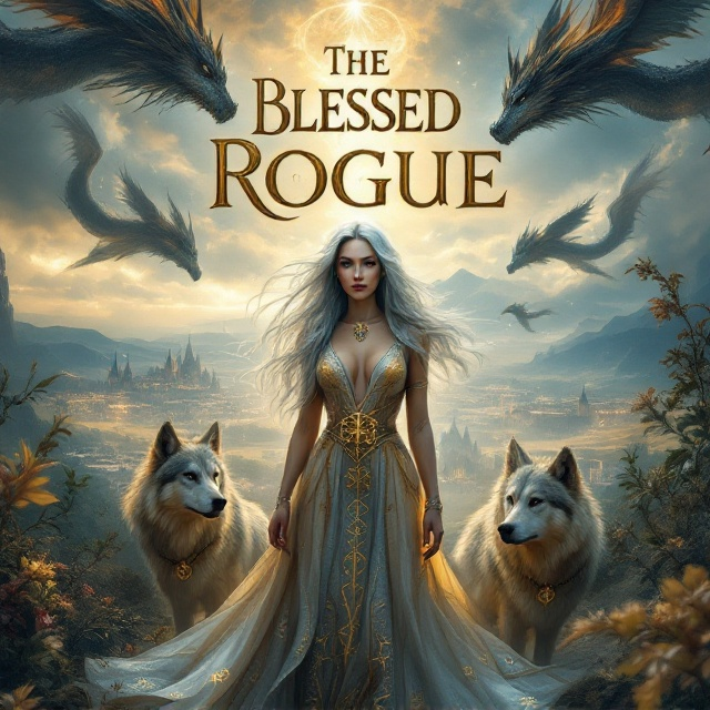 A mystical scene where a woman with flowing silver hair and piercing silver eyes stands in the foreground. She is dressed in a gown adorned with intricate golden symbols that catch the light. Flanking her are three werewolves, exuding an aura of strength and protection. In the sky above, dragons circle majestically, casting shadows over a sprawling kingdom visible in the background. The color palette is a mix of rich golds, silvers, and deep blues, invoking feelings of hope and strength.