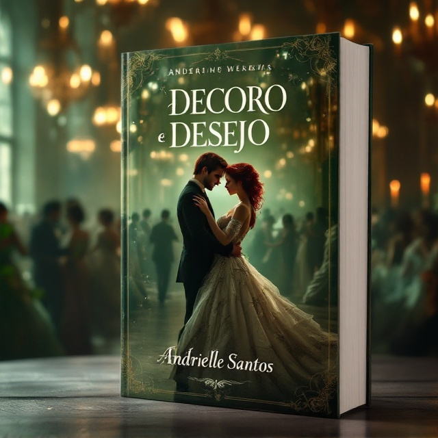 A romantic Victorian ball scene with a couple dancing at the center. The woman, with striking red hair, wears an elegant Victorian gown. The room is softly lit with chandeliers, casting a warm glow reflecting a sea of dancers in the background. The color palette prominently features shades of green to evoke an enchanting atmosphere, with whispers of gold and deep crimson to elevate the mood of desire and intimacy.