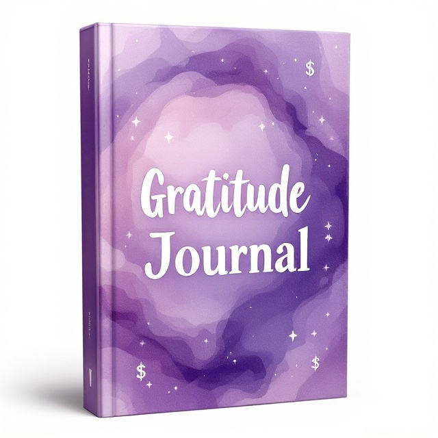The cover features a large, dreamy watercolor swirl blending shades of purple, symbolizing dreams and abundance. In the center, a subtle image of an open journal extends out towards the bottom, inviting the reader to write their aspirations. Light, scattered motifs of dollar signs and stars subtly integrate at the corners, representing financial growth and wealth.