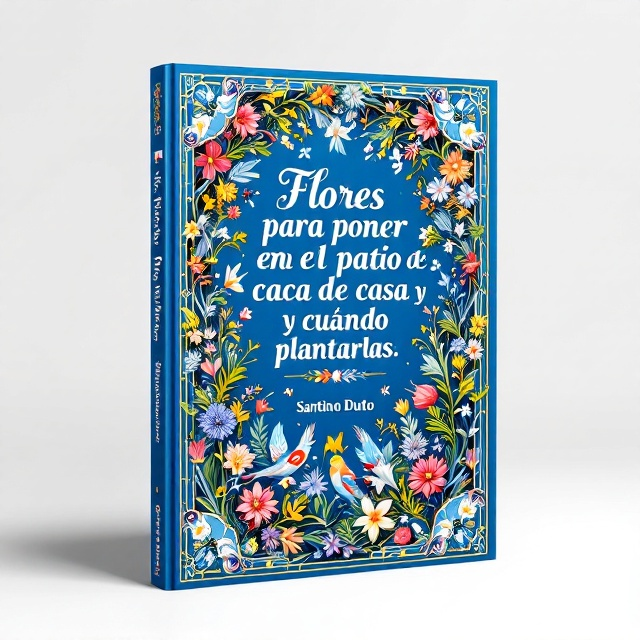 The cover features a lush, intricate fileteado porteño style. Vivid blue serves as the primary backdrop, adorned with an array of colorful flowers and delicate plants. Pairs of birds are woven through the floral landscape, while subtle Argentine flags are elegantly intertwined within the design, adding national flair. The border is richly decorated with traditional fileteado patterns, enhancing the magical realism feel.