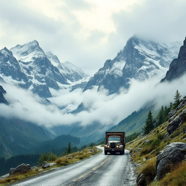 A scenic backdrop of towering, snow-covered mountains under a slightly overcast sky. In the foreground, an old truck is cautiously navigating a narrow, winding road that cuts through the mountainous terrain. Low-hanging clouds shroud the mountain peaks, adding an air of mystery and danger. Subtle green tones are incorporated into the landscape, giving the scene a natural and adventurous feel.