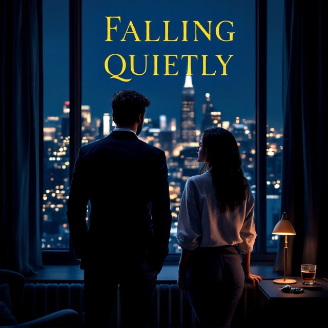 A dimly lit city skyline sets the backdrop, presented in deep blue with golden flickers of city lights. In the foreground, a man in a meticulously tailored dark suit stands with his back to the reader, gazing out of a large penthouse window. The suit’s texture catches subtle reflections of light, emphasizing the luxury. To his side, a woman clad in an oversized white shirt looks away, her posture suggesting a mix of vulnerability and defiance. A sleek wristwatch sits on the nearby nightstand, alongside a half-empty glass of whiskey, hinting at the untold stories of the night.