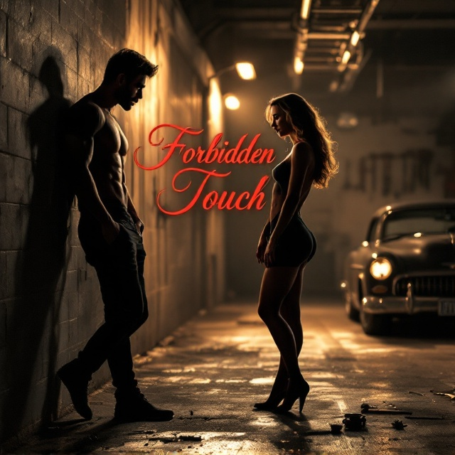 Sean stands on the left side of the cover, leaning against a shadowed garage wall with one hand, while his other hand hovers close to Eva, who stands slightly to the right. Eva, with her face softly illuminated, leans subtly toward Sean, a look of longing in her eyes. Behind them, a faint glow mimics a streetlight, casting a soft radiance around them. Silhouettes of tools and a vintage car are subtly blurred in the background, adding depth and intrigue. The dominant color palette includes deep reds, blacks, and soft golds, enhancing the passionate and secretive atmosphere.