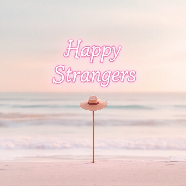 A serene beach scene with a clear sky and gentle waves gracing the horizon. In the center stands an elegantly simple hat rack, adorned with a single, large beach hat perched at the very top. The entire scene drenched in warm pastel tones, conveying an atmosphere of romantic tranquility.