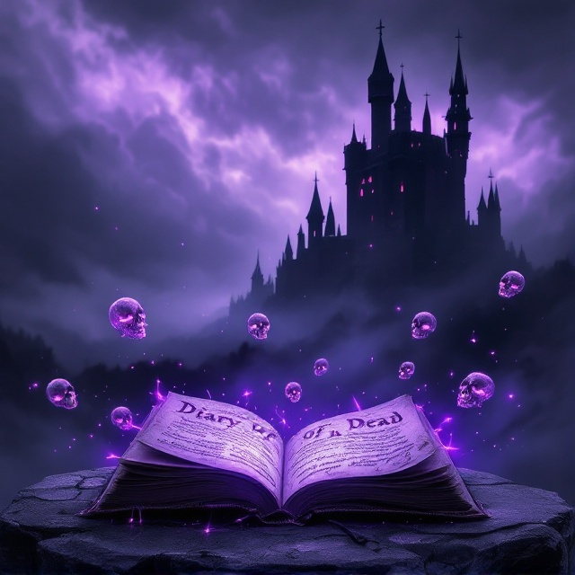 A dark, moody scene with swirling dark purple and gray stormy skies dominating the background. A foreboding black castle looms on the horizon, shrouded in mist. In the foreground, an ancient diary lies open, resting on a stone pedestal. The pages of the diary seem to be alive, with scribbled, glowing text flowing across them. Eerie, translucent skulls float ominously around the scene, adding a sense of danger and intrigue.