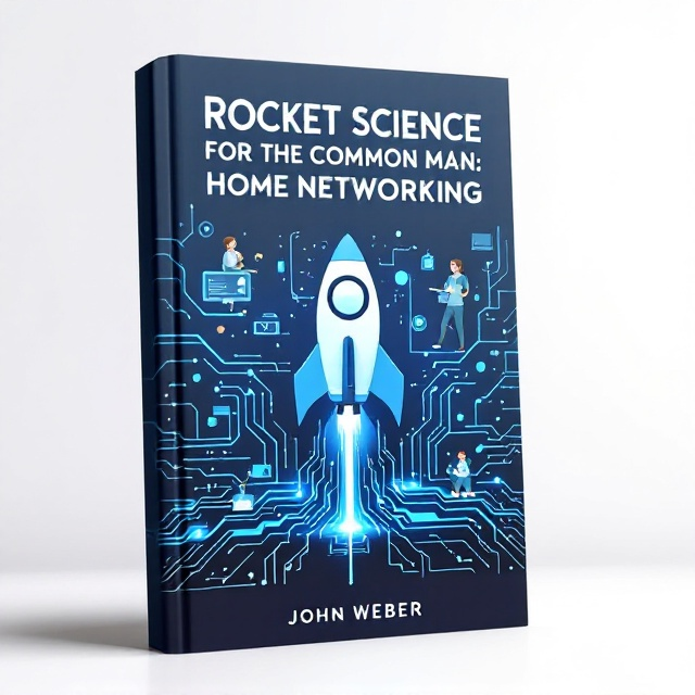 An image of a sleek, stylized rocket ship integrates seamlessly with circuits forming a network. The rocket is ascending from a digital grid made of circuit lines, symbolizing connectivity and home networking, with a computer icon subtly placed in the background. The color palette predominantly features various shades of blue, creating a modern, tech-inspired theme. Happy and studious characters are subtly illustrated around the border, interacting with network elements.