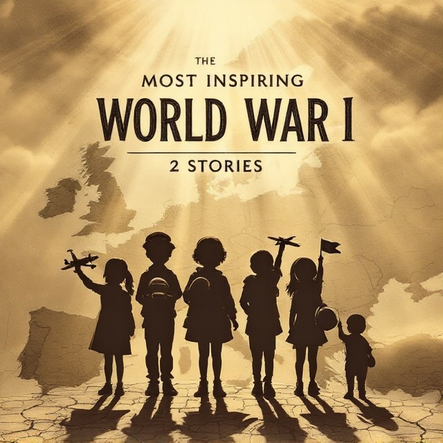 A backdrop of a slightly aged, sepia-toned map of Europe during World War II, which sets the historical context. In the forefront, silhouettes of diverse children, each holding an artifact like a toy plane, a soldier's helmet, or a small flag, symbolizing different stories of courage and hope. Subtle rays of sunlight break through clouds at the top, infusing a sense of hope and triumph.
