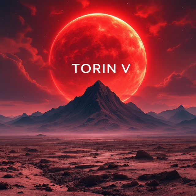 A vast barren landscape under a surreal, otherworldly sky. Looming over everything is a massive Red Giant Sun, casting its vivid red and orange hues across the barren terrain. In the scene's foreground, a solitary large strato mountain dominates the horizon, casting long shadows that add a sense of mystery and foreboding. The sky, awash with reds and deep purples, conveys a sense of awe and alien worldliness.