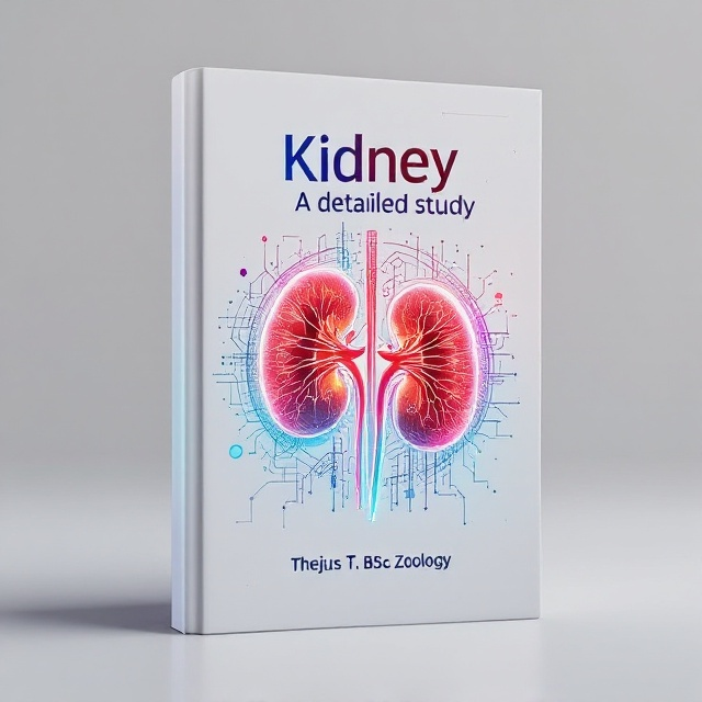 A sleek and futuristic design with a 3D rendering of a human kidney at the center, partially overlapped by transparent digital elements such as circuit patterns and DNA helices. The background is predominantly white, providing a clean canvas that enhances the colorful holographic tones of the kidney and digital elements.