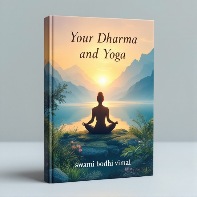An ethereal landscape with a serene figure in a yoga pose silhouetted against the backdrop of a soft sunrise over a tranquil lake. Lush greenery surrounds the figure, and distant mountains add depth and wisdom to the scene, creating a harmonious blend of nature and yoga.