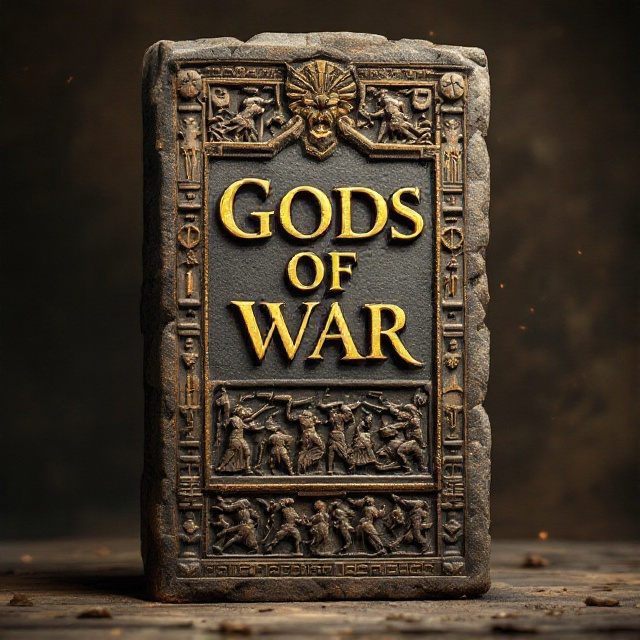 The cover features a weathered, ancient stone tablet as the central element. Engraved on the tablet are scenes of warriors and mythical gods in combat, with intricate carvings that incorporate both classical and mythological motifs. A background of deep earthy tones, such as dark brown and bronze, enhances the aged appearance. Subtle highlights and shadows lend depth to the carvings, and scattered ancient symbols and runes complete the composition.
