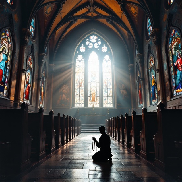 A serene dimly lit interior of a catholic church adorned with vibrant murals that illustrate biblical stories and saints. Gentle rays of light stream through stained glass windows, casting colorful hues across the pews and stone floor. In the foreground, a kneeling figure in silhouette holds a rosary, suggesting contemplation and prayer.